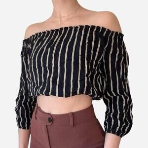 Brandy melville navy off the shoulder striped cropped top